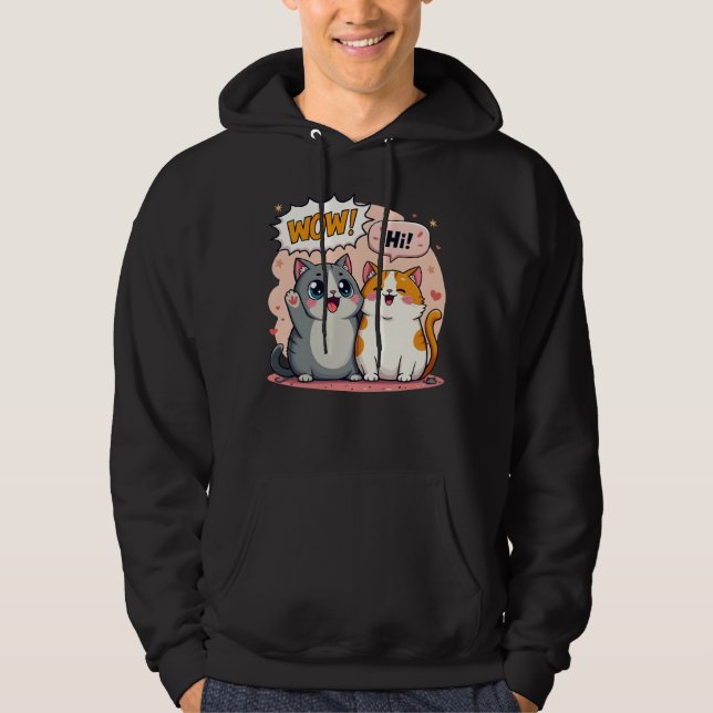 Cute Kawaii Cats Comic Saying Wow and Hi Pullover  (Front)