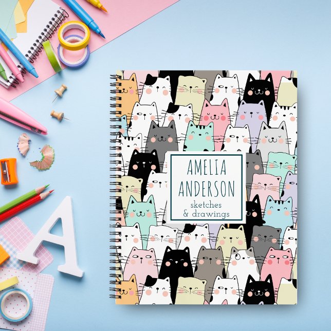 Cute Kawaii Cats Pattern Personalize Name Notebook (Creator Uploaded)