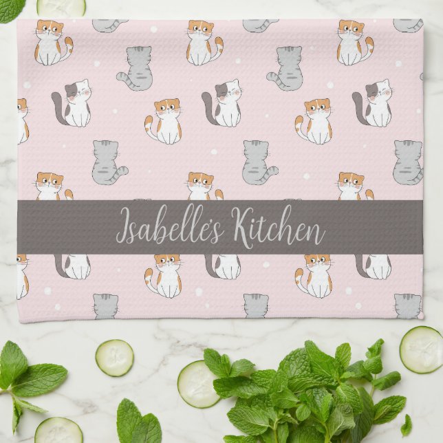 Cute Kawaii Cats Personalized Kitchen Towel (Folded)