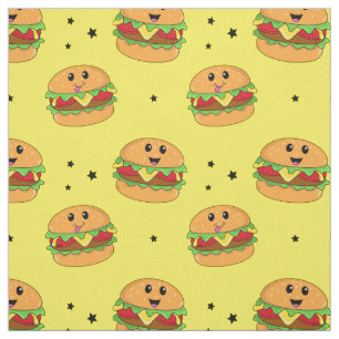 Cute Kawaii Cheeseburger Pattern on Yellow Fabric