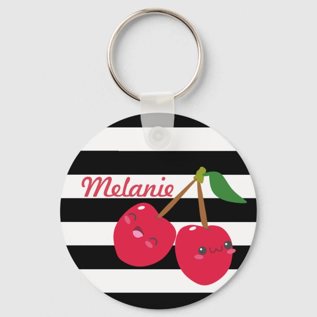 Cute Kawaii Cherry Striped Personalised Keychain (Front)