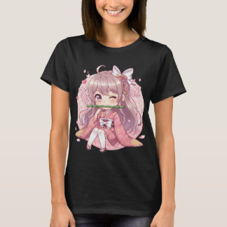 Cute Kawaii Chibi Girl in Pink Kimono with Cherry  T-Shirt