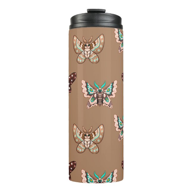 Cute Kawaii Chibi Moths on Coffee Tan Thermal Tumbler (Front)
