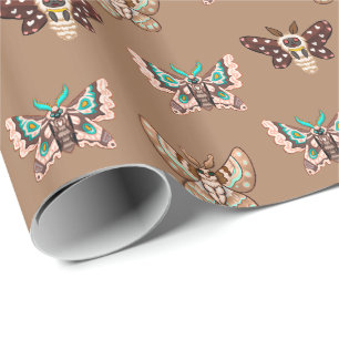 Cute Kawaii Chibi Moths on Coffee Tan Wrapping Paper