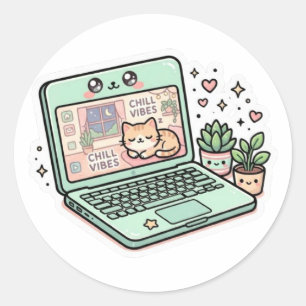 Cute Kawaii Chill Vibes Laptop Cat Potted PSticker Classic Round Sticker