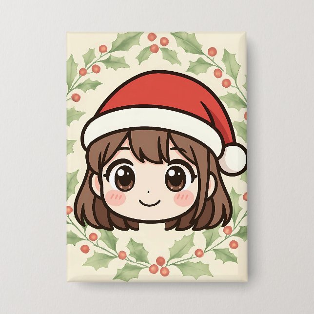 Cute Kawaii Christmas Anime Girl Button  (Front)