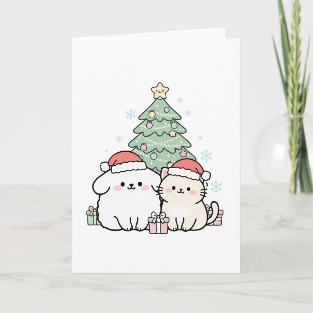 Cute Kawaii Christmas Cat & Dog Festive Holiday  Card (Front)