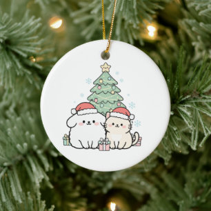 Cute Kawaii Christmas Cat & Dog Festive Holiday Ceramic Ornament