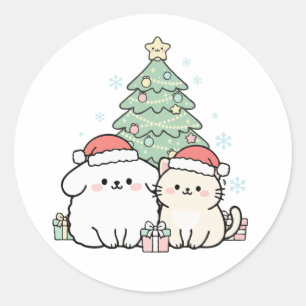 Cute Kawaii Christmas Cat & Dog Festive Holiday Classic Round Sticker