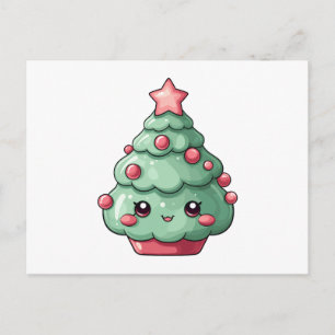 Cute Kawaii Christmas Tree with Smiling Face  Holiday Postcard