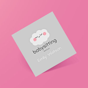 Cute Kawaii Cloud Pink Grey Babysitter Square Business Card