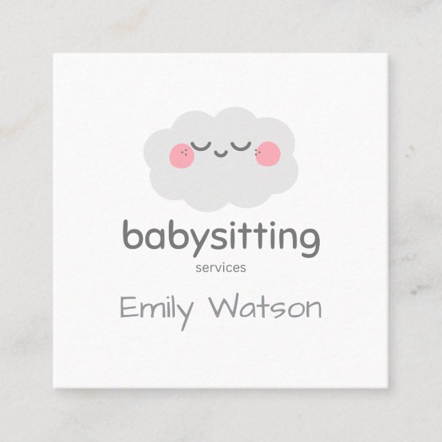 Cute Kawaii Cloud Pink Grey Babysitter  Square Business Card (Front)