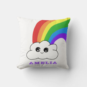 Cute Kawaii Cloud Rainbow Kid`s Name Throw Pillow