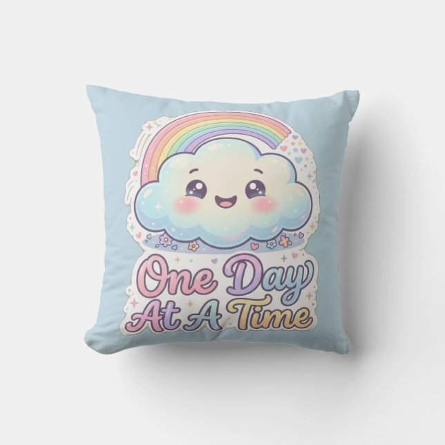 Cute Kawaii Cloud Rainbow One Day At A Time Throw  Pillow (Front)