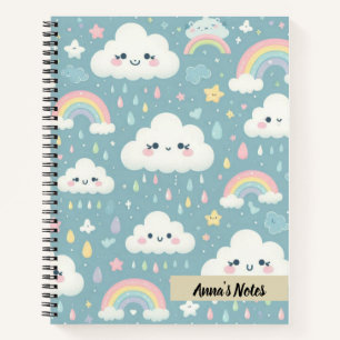 Cute Kawaii Clouds and Rainbows Blue Personalized Notebook