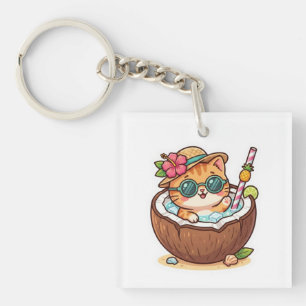 Cute Kawaii Coconut Cat Sunglasses Summer BSticker Keychain