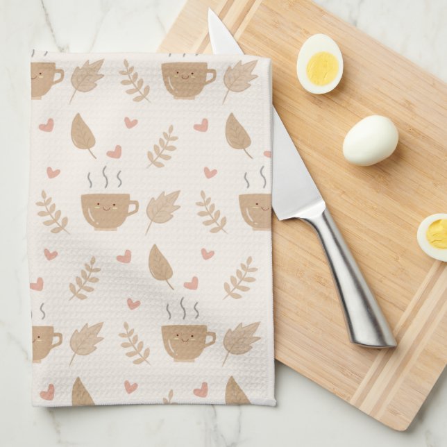 Cute Kawaii Coffee and Leaves Autumn Pattern Kitchen Towel (Quarter Fold)