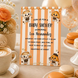 Cute Kawaii Coffee Croissant Orange Baby Shower  Invitation