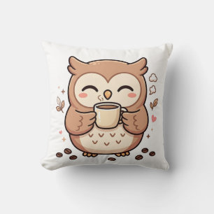 Cute Kawaii Coffee Owl Throw Pillow