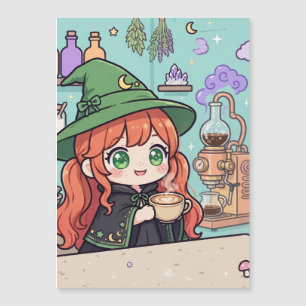 Cute Kawaii Coffee Witch Magnetic Card Cozy Fall