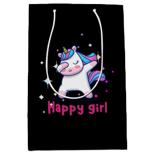 Cute Kawaii Colourful Rainbow Unicorn Happy Girl  Medium Gift Bag