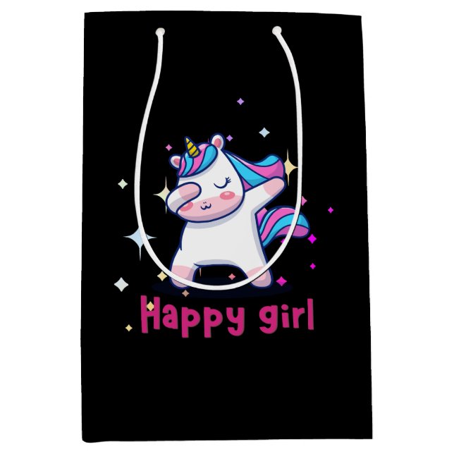 Cute Kawaii Colourful Rainbow Unicorn Happy Girl  Medium Gift Bag (Front)