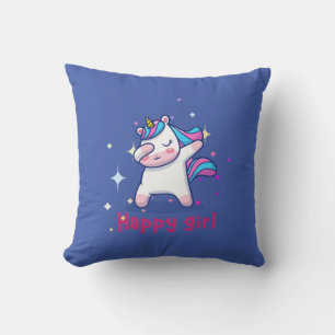 Cute Kawaii Colourful Rainbow Unicorn Happy Girl   Throw Pillow