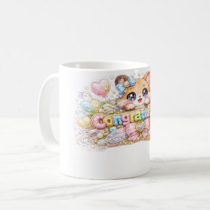 Cute Kawaii Congratulations Cat Pastel Pink Floral Coffee Mug
