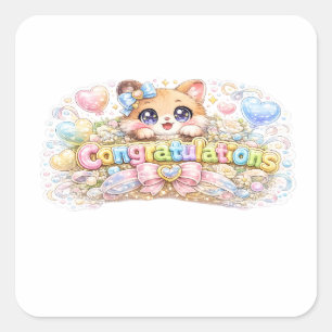 Cute Kawaii Congratulations Cat Pastel Pink Floral Square Sticker