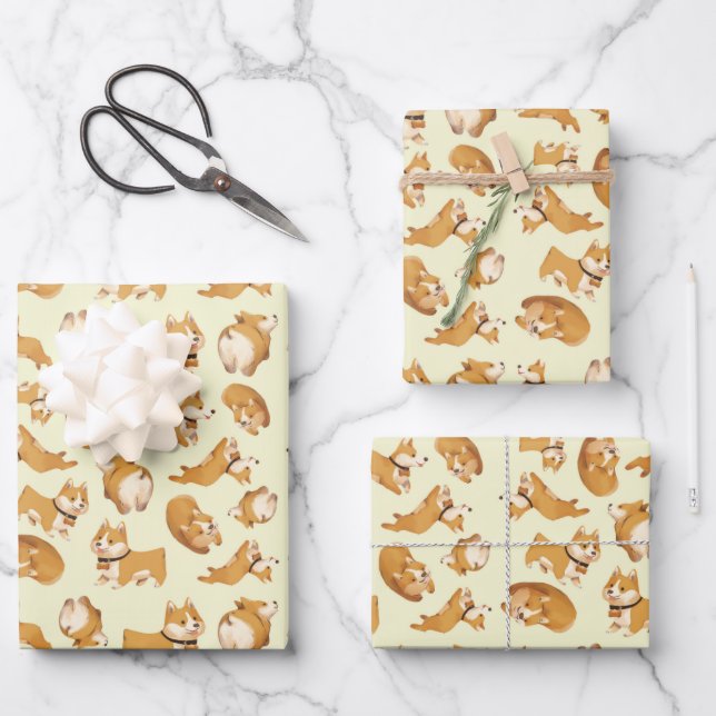 Cute Kawaii corgi puppy dog pattern  Wrapping Paper Sheet (Front)