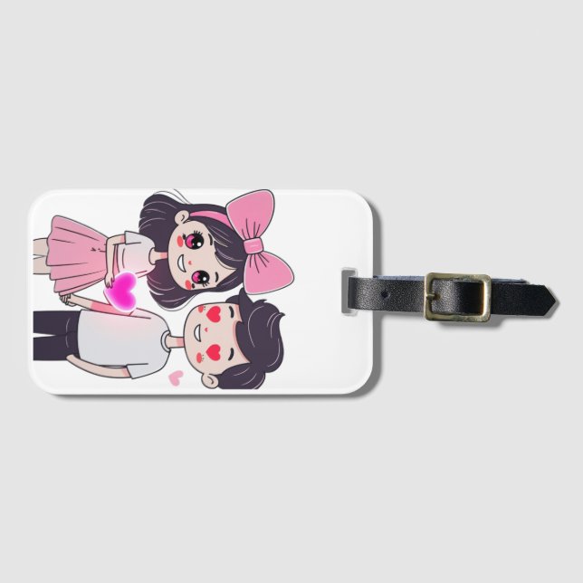 Cute Kawaii Couple Doodle Illustration Luggage Tag (Front Horizontal)