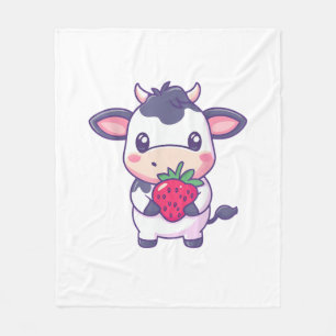 Cute Kawaii Cow With Strawberries Adorable Cattle Fleece Blanket