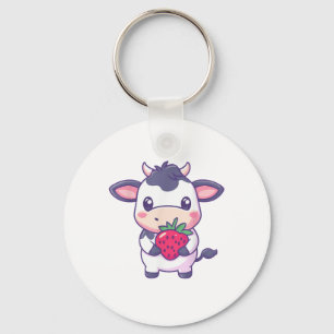 Cute Kawaii Cow With Strawberries Adorable Cattle Keychain