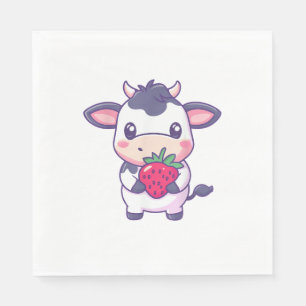 Cute Kawaii Cow With Strawberries Adorable Cattle Napkin