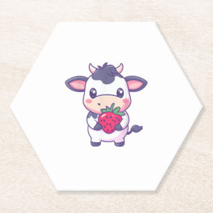 Cute Kawaii Cow With Strawberries Adorable Cattle Paper Coaster