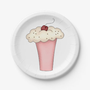 Cute Kawaii Cupcake Milkshake with Cherry Paper Plate