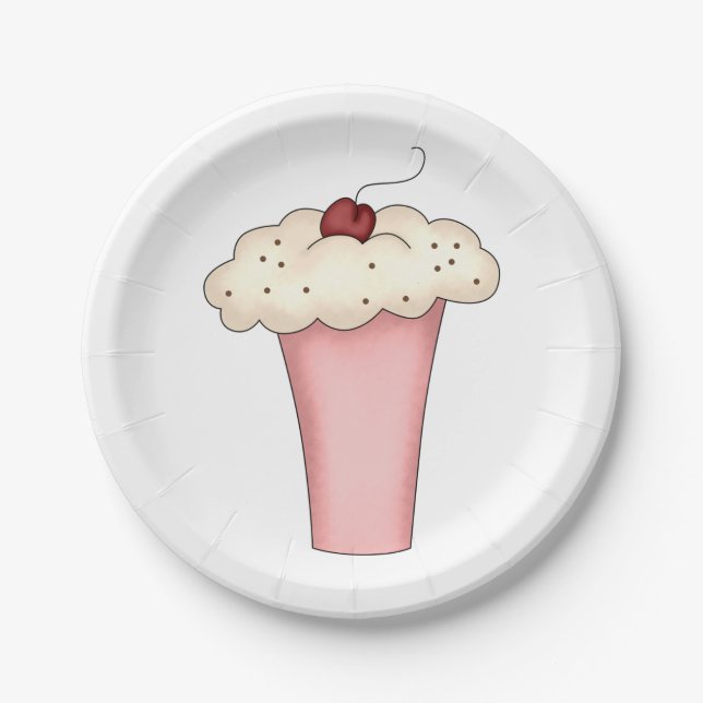 Cute Kawaii Cupcake Milkshake with Cherry  Paper Plate (Front)