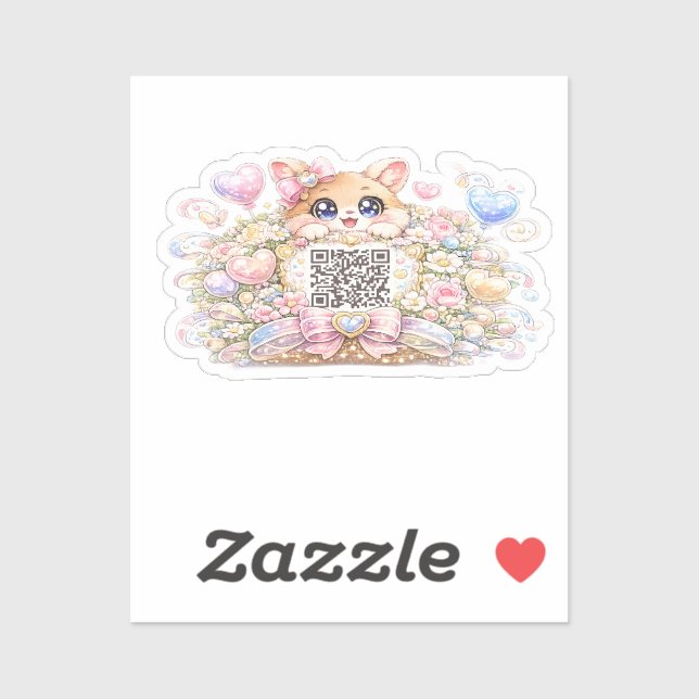 Cute Kawaii Custom QR Code Cat Pastel Pink Floral  (Sheet)
