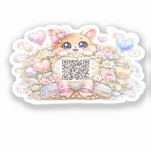 Cute Kawaii Custom QR Code Cat Pastel Pink Floral  (Front)