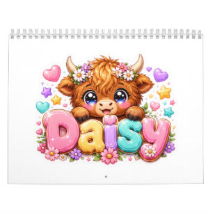 Cute Kawaii Daisy Highland Cow Name Pastel Pink Fl Calendar