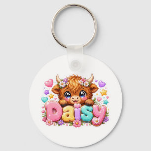 Cute Kawaii Daisy Highland Cow Name Pastel Pink Fl Keychain