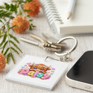 Cute Kawaii Daisy Highland Cow Name Pastel Pink Fl Keychain