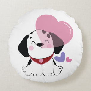 Cute Kawaii Dalmatian Puppy Dog with Hearts Round Pillow