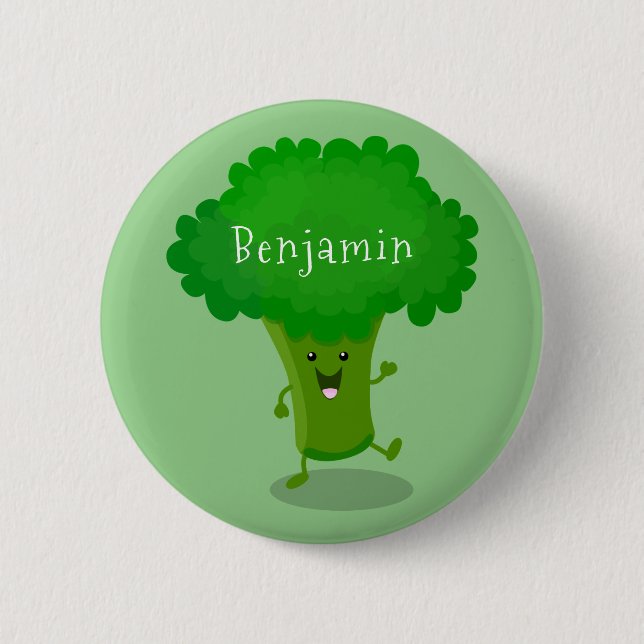 Cute kawaii dancing broccoli cartoon illustration 2 inch round button (Front)
