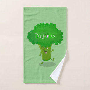 Cute kawaii dancing broccoli cartoon illustration bath towel set