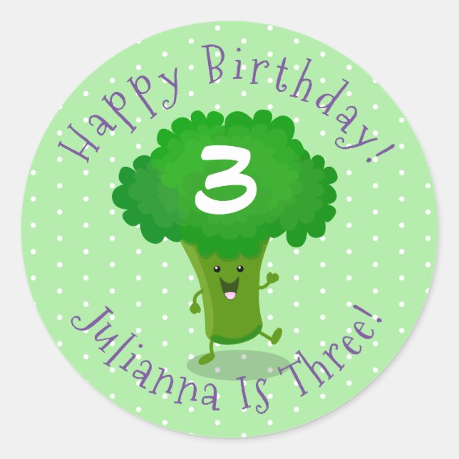Cute kawaii dancing broccoli cartoon illustration classic round sticker (Front)