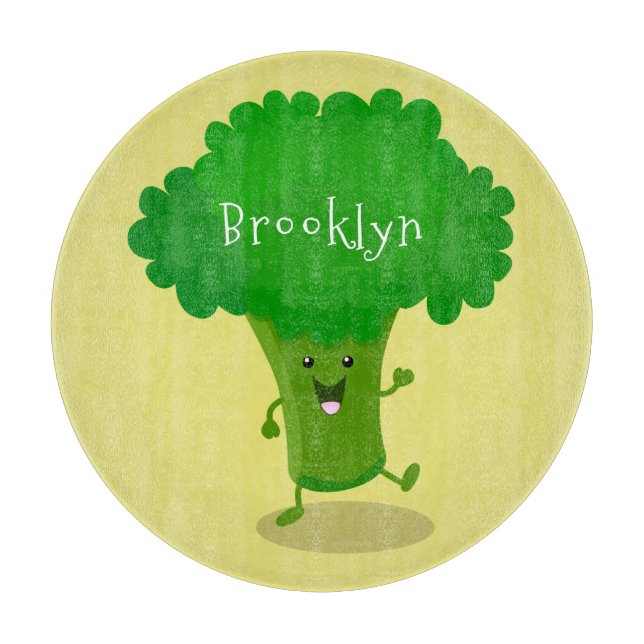 Cute kawaii dancing broccoli cartoon illustration cutting board (Front)