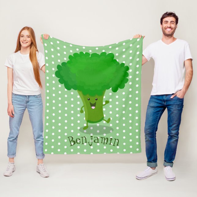Cute kawaii dancing broccoli cartoon illustration fleece blanket (In Situ)