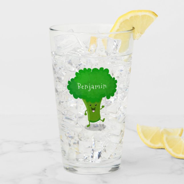 Cute kawaii dancing broccoli cartoon illustration glass (Back Ice)