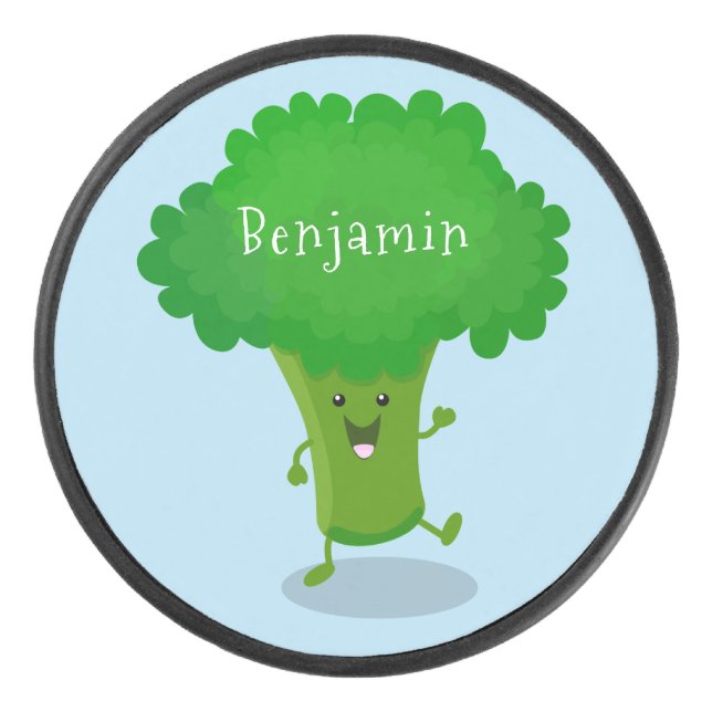 Cute kawaii dancing broccoli cartoon illustration hockey puck (Front)